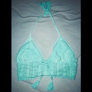Blue Crotchet Halter Crop Top